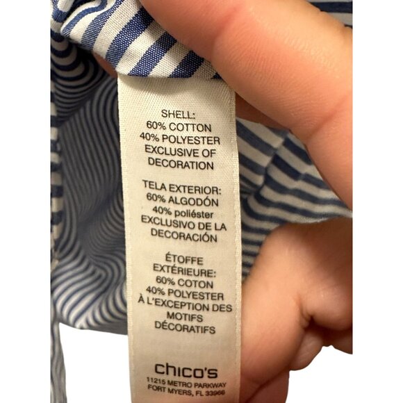 🍒 2/$20 Navy Blue & White Striped Button-Down Blouse, Embroidered Flowers sz M - Picture 6 of 8